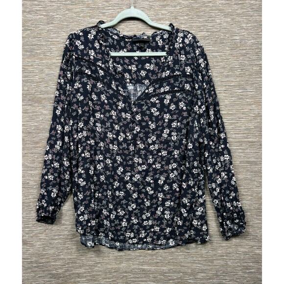 Lane Bryant Tops - Lane Bryant Ditsy Floral Blouse Womens Sz 22/24 Black Long Sleeve Ruffled-Neck